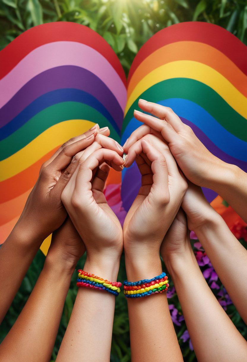 A colorful pride flag draped over two intertwined hands, symbolizing love and unity, surrounded by a diverse group of people celebrating together in joy. Delicate floral patterns in the background representing growth and vibrance, with soft light illuminating the scene to convey warmth and acceptance. A heart-shaped rainbow motif subtly integrated into the design. super-realistic. vibrant colors. warm tones.