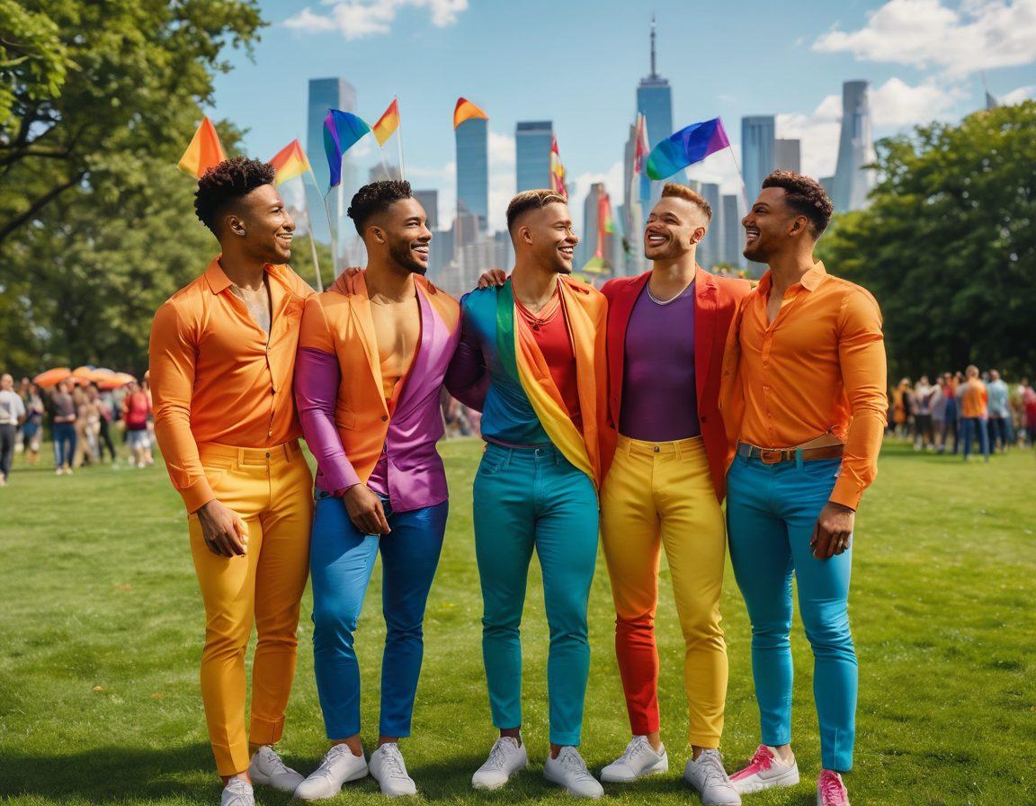 A vibrant scene depicting a joyful gathering of diverse gay male couples in a park, symbolizing love and solidarity. Include rainbow flags, engaging interactions, and a backdrop of a city skyline that reflects modernity. Bright and colorful outfits showcasing personal styles, with a focus on connection and advocacy for LGBTQ+ rights. super-realistic. vibrant colors. dynamic composition.