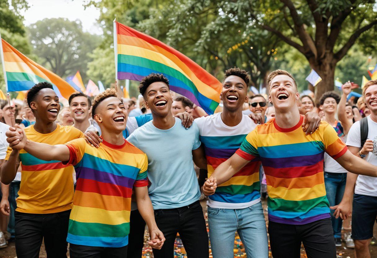 A heartwarming scene featuring a diverse group of joyful gay boys celebrating together in a colorful park, adorned with rainbow flags and cheerful decorations. The background showcases a vibrant LGBTQ+ parade with smiles, laughter, and confetti in the air. Include elements of unity and love, such as couples holding hands and children playing. Emphasize bright and lively colors to convey a sense of celebration and acceptance. super-realistic. vibrant colors. 3D.